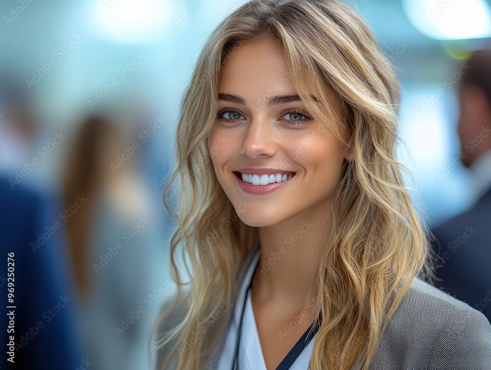 Obraz premium A woman with blonde hair and a white shirt is smiling