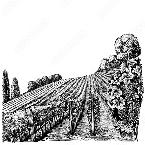 Black and White Vineyard on a Slope in Sketch Style.eps