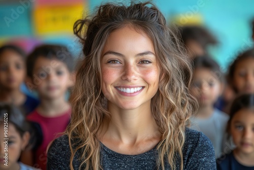 nurturing educator female teacher smiling warmly surrounded by engaged young students bright colorful classroom setting positive learning environment diverse group of children