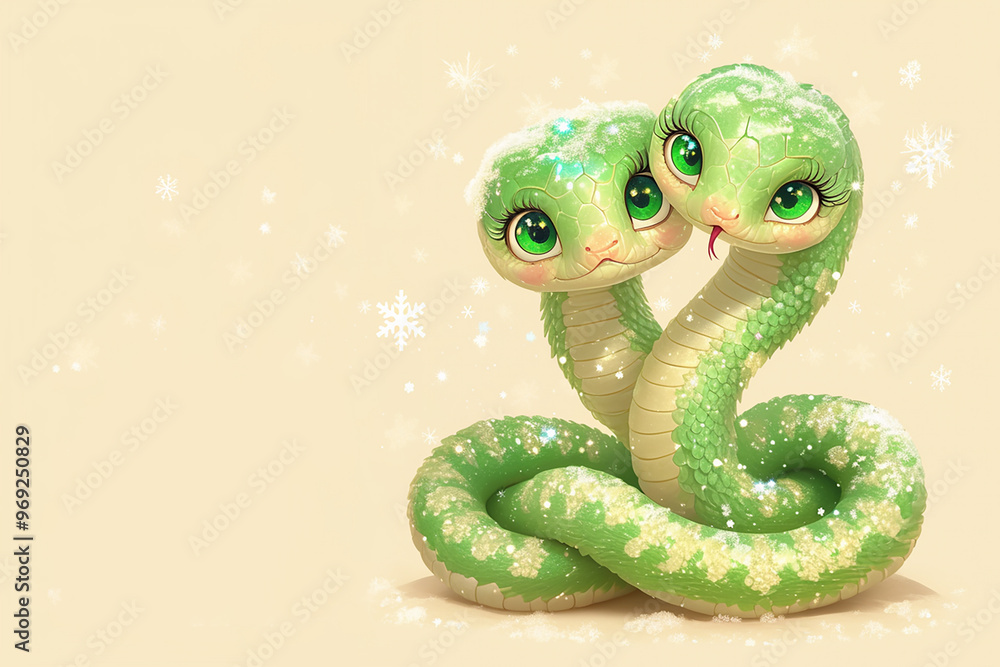 Fototapeta premium 2025 Two green snakes are hugging each other. The image has a playful and cute mood. The two snakes are wearing eye makeup, which adds to their adorable appearance