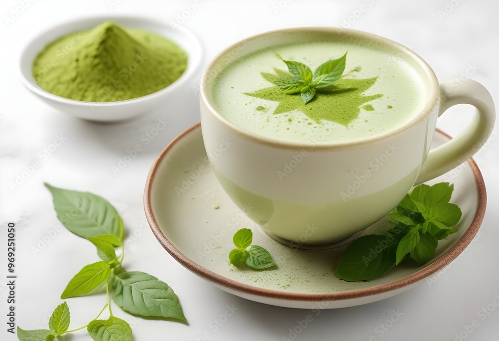 Elegant Matcha Tea Cup with Green Leaves and Powder on a Soft Background Elegant Matcha Tea Cup with Green Leaves and Powder on a Soft Background