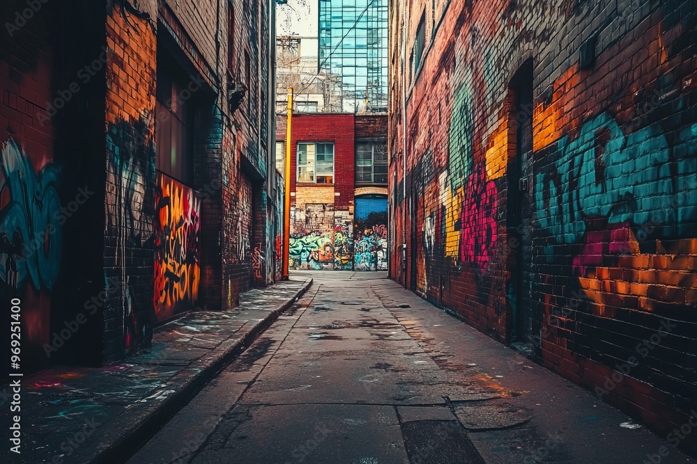 An urban alleyway with colorful graffiti art painted on the walls An urban alleyway with colorful graffiti art painted on the walls