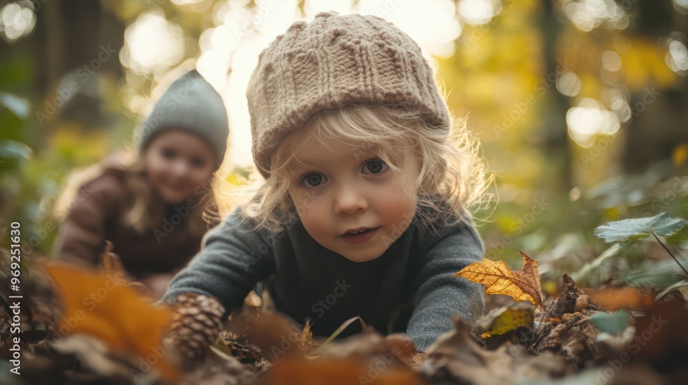 A young girl is playing in the woods with her friend A young girl is playing in the woods with her friend