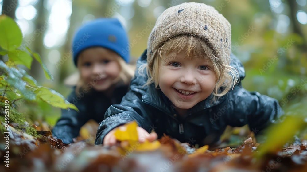 Two young children are playing in the woods, one wearing a blue hat Two young children are playing in the woods, one wearing a blue hat