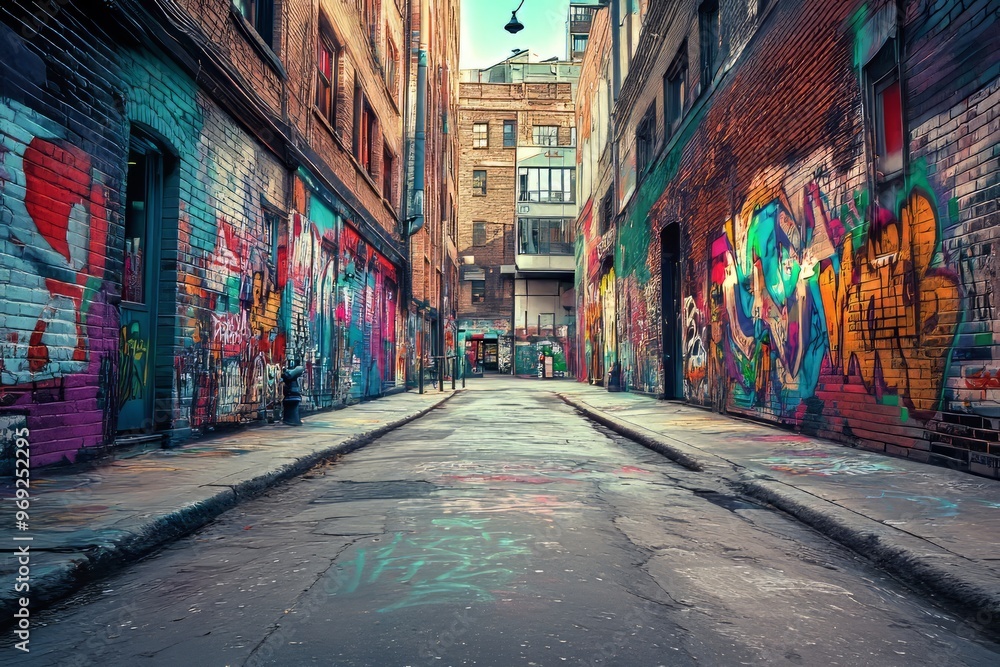 Fototapeta premium An urban alleyway with colorful graffiti art painted on the walls