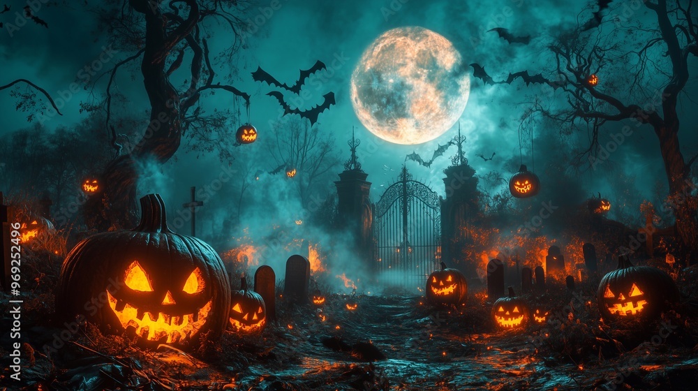 A haunted cemetery scene illuminated by glowing jack-o'-lanterns under a full moon, creating a spooky Halloween atmosphere. A haunted cemetery scene illuminated by glowing jack-o'-lanterns under a full moon, creating a spooky Halloween atmosphere.
