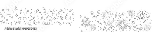 Confetti border doodle drawing. Sketch burst with ribbon dots. Celebration simple decor, party seamless holiday background.