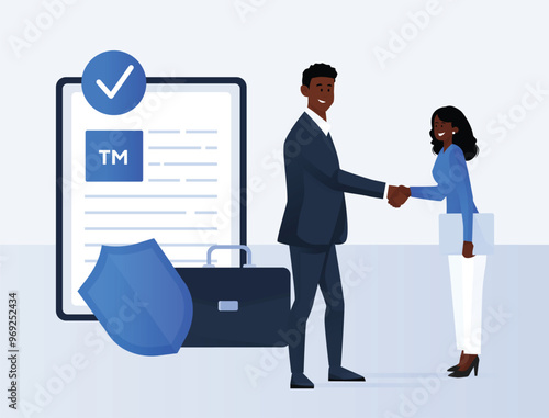Man and woman handshake smiling next to law certificate for intellectual property protection, trade mark register, patent. Flat conceptual illustration.