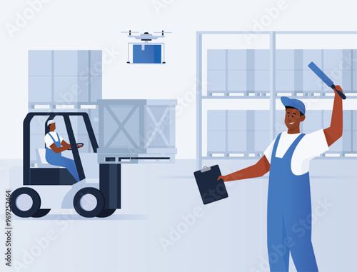 Warehouse workers character loading, stacking goods. Flat blue illustration concept. Drone flying motorcar loaded with boxes. Worker navigating. Warehouse Management, logistic process, forklift driver