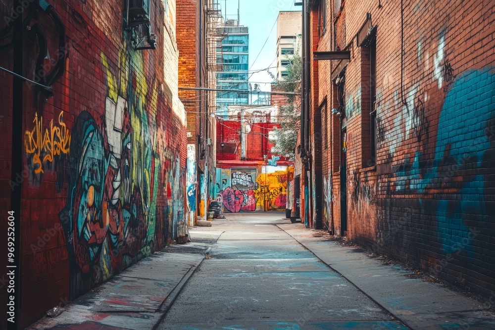 Fototapeta premium An urban alleyway with colorful graffiti art painted on the walls