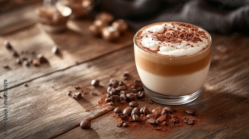 A glass of layered coffee dessert topped with cream and cocoa, surrounded by coffee beans. A glass of layered coffee dessert topped with cream and cocoa, surrounded by coffee beans.