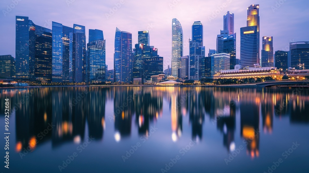 Fototapeta premium A city skyline at dusk reflecting on water, showcasing modern architecture and urban life.
