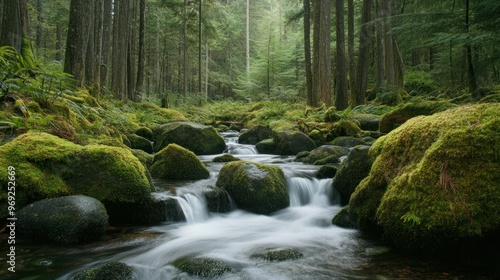 A serene forest scene featuring a flowing stream surrounded by lush greenery and mossy rocks.