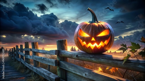 A pumpkin of hellish delight sits atop the fence, its eyes burning with an otherworldly intensity, as the photo