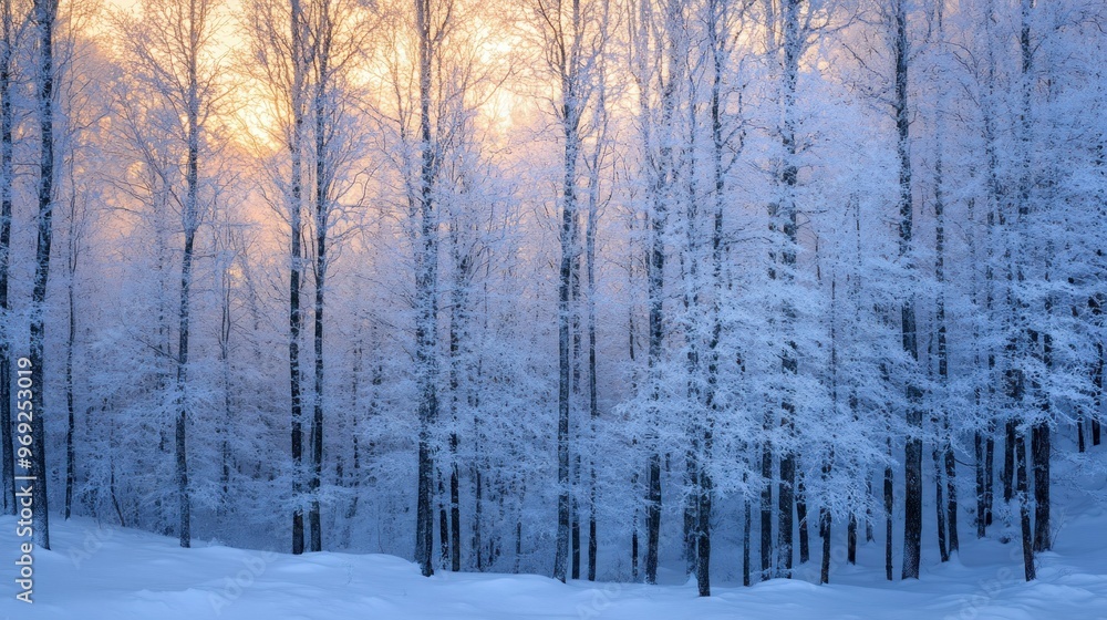 Serene winter forest with snow-covered trees and a soft golden light in the background. Serene winter forest with snow-covered trees and a soft golden light in the background.
