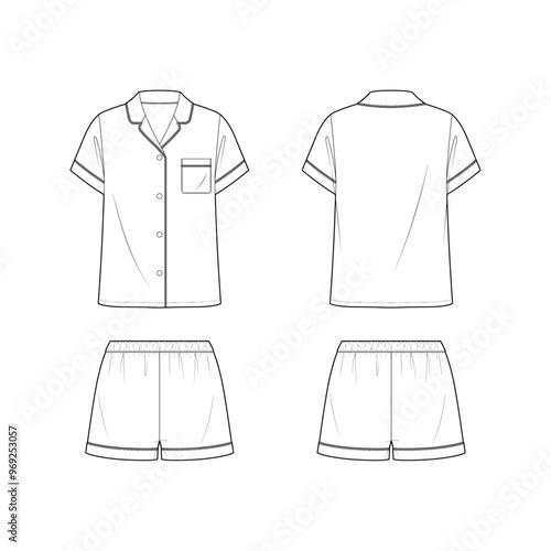 Technical vector sketch of fluid satin pajmas set. Sleepwear set. Short sleeve button down shirt top with notched collar neck. Pull on shorts with waist band. 