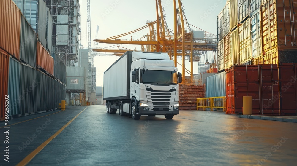 A white truck driving through a shipping yard with containers in the background. A white truck driving through a shipping yard with containers in the background.