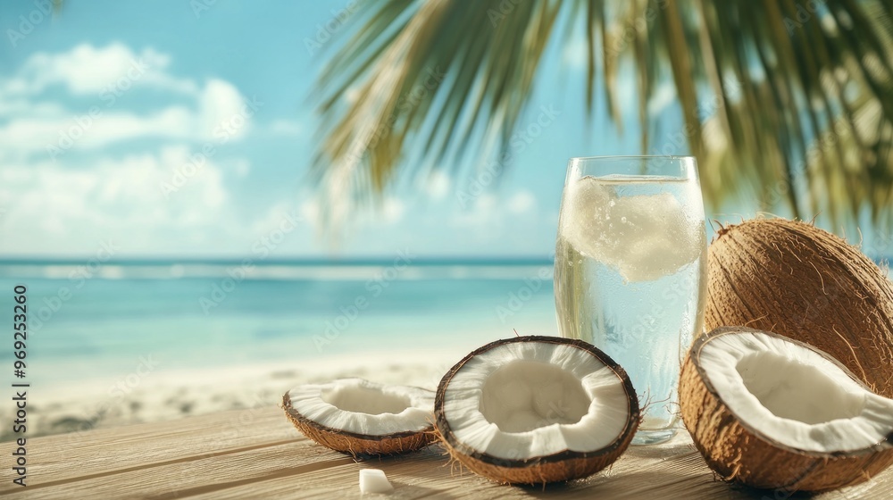 A refreshing coconut drink on a beach with palm trees and ocean in the background. A refreshing coconut drink on a beach with palm trees and ocean in the background.