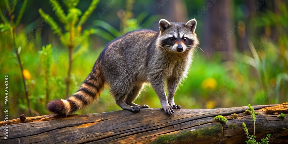 Fototapeta premium A ring-tailed raccoon perches on a weathered log in the wilderness, its forepaws grasping the rough bark as
