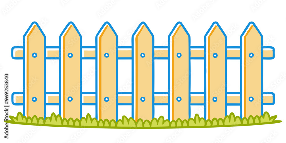 simple illustration of a wooden picket fence. The fence consists of vertical planks with pointed tops, evenly spaced and connected by two horizontal rails simple illustration of a wooden picket fence. The fence consists of vertical planks with pointed tops, evenly spaced and connected by two horizontal rails