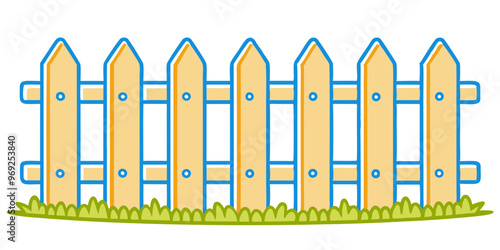  simple illustration of a wooden picket fence. The fence consists of vertical planks with pointed tops, evenly spaced and connected by two horizontal rails