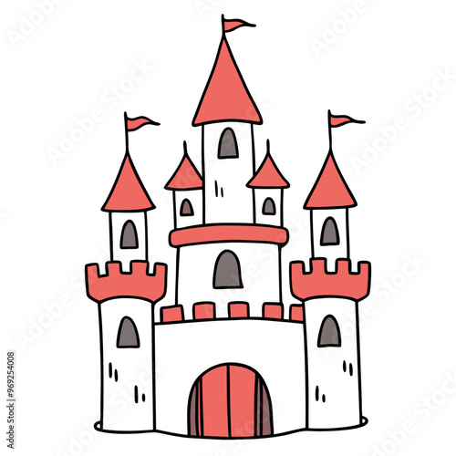 A colorful, cartoon-style castle with red rooftops and flags, featuring multiple towers and a large entrance.