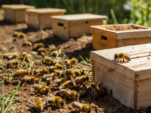 bee farm. hives with bees outside ,AI generated 