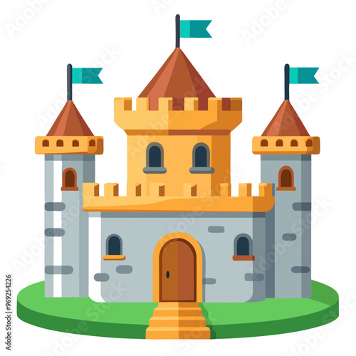 A colorful cartoon-style castle featuring three turrets, orange roofs, green flags, and a welcoming door on a grassy base.