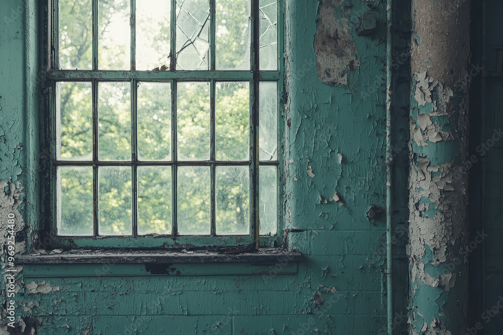 Naklejka premium Eerie abandoned window with peeling paint and broken glass, revealing nature outside