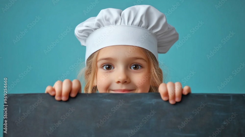 A cheerful little chef smiles joyfully while holding up a blank blackboard. Perfect for educational or culinary themes, this image conveys creativity and fun in the kitchen. AI A cheerful little chef smiles joyfully while holding up a blank blackboard. Perfect for educational or culinary themes, this image conveys creativity and fun in the kitchen. AI