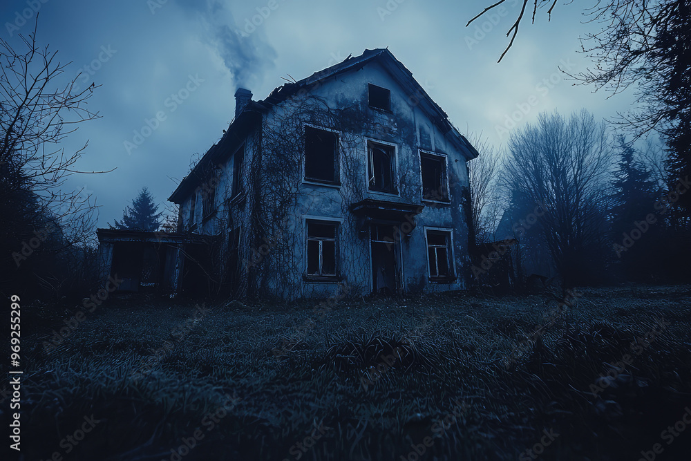 Fototapeta premium Eerie abandoned house with broken windows and haunting atmosphere