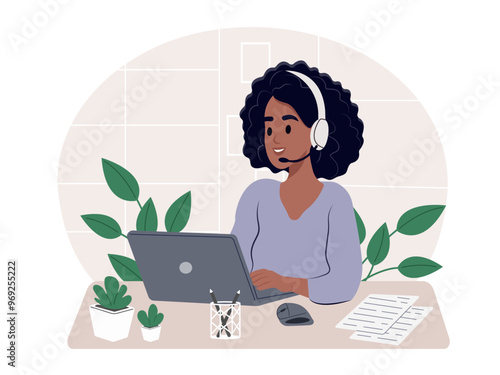 Call center. Woman with a headset for support and communication in the office. A telemarketing agent works on deals, advises clients