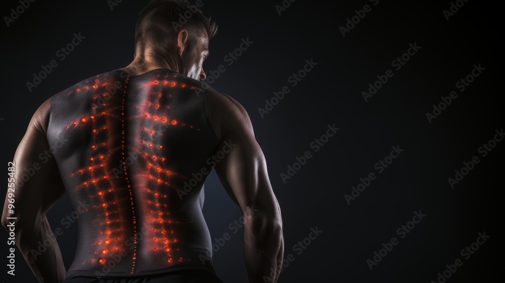 Individual experiencing back pain, grasping lower back with highlighted area of discomfort Individual experiencing back pain, grasping lower back with highlighted area of discomfort