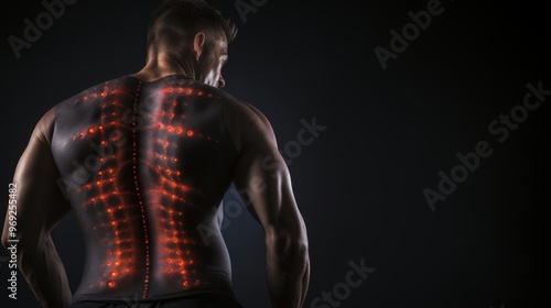 Individual experiencing back pain, grasping lower back with highlighted area of discomfort