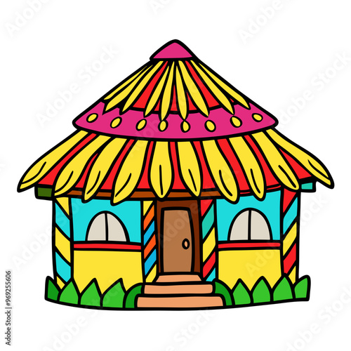 Colorful cartoon-style thatched hut with a conical roof, door, and two windows