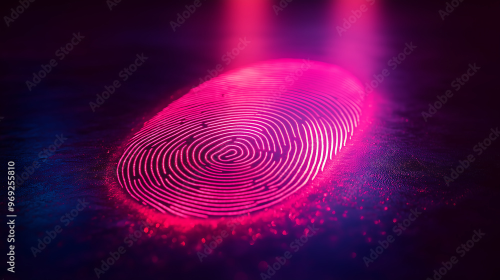 Glowing pink fingerprint on reflective surface for modern biometric security Glowing pink fingerprint on reflective surface for modern biometric security