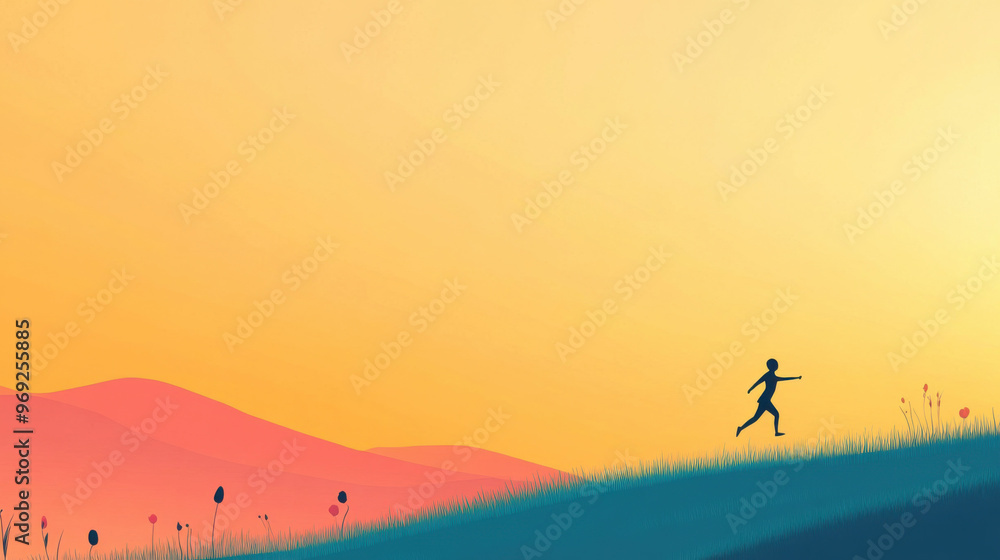 A person running towards horizon symbolizes excitement of adventure and freedom against vibrant sunset backdrop. colorful landscape enhances feeling of joy and exploration A person running towards horizon symbolizes excitement of adventure and freedom against vibrant sunset backdrop. colorful landscape enhances feeling of joy and exploration