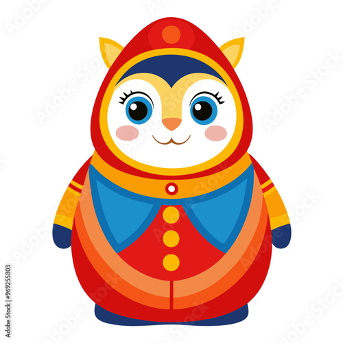Colorful illustration of a cartoonish, nesting doll styled as a cute cat character