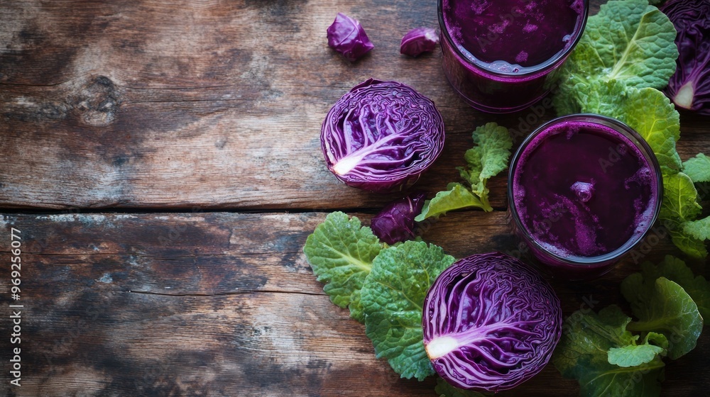 Fresh purple cabbage and juice on a rustic wooden surface. Fresh purple cabbage and juice on a rustic wooden surface.