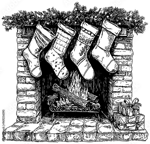 Sketch of Christmas stockings hung by a fireplace, in black, isolated 