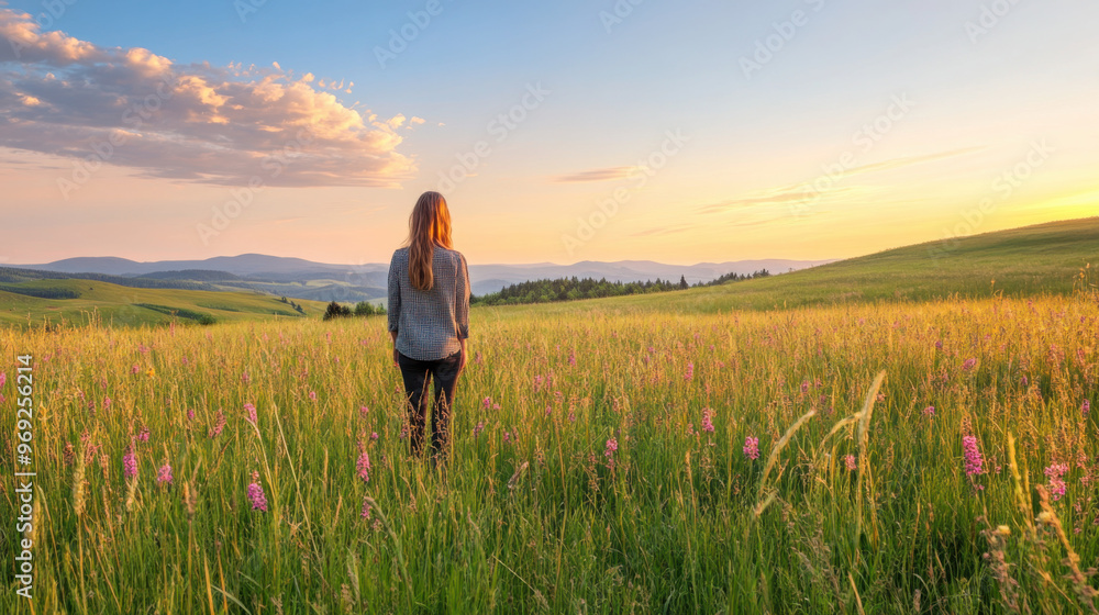 A person standing in an open field at sunrise, surrounded by tall grass and wildflowers, gazing at beautiful landscape. serene atmosphere evokes sense of peace and tranquility A person standing in an open field at sunrise, surrounded by tall grass and wildflowers, gazing at beautiful landscape. serene atmosphere evokes sense of peace and tranquility