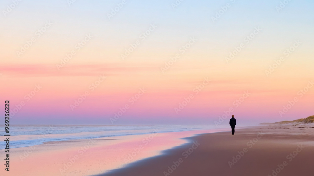 A person standing on beach at dawn, ready to begin new day, surrounded by soft pastel colors in sky and gentle waves lapping at shore A person standing on beach at dawn, ready to begin new day, surrounded by soft pastel colors in sky and gentle waves lapping at shore