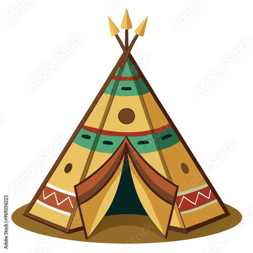 Colorful, cartoon-style teepee with green and red patterns, topped with three decorative spears, set on a sandy ground