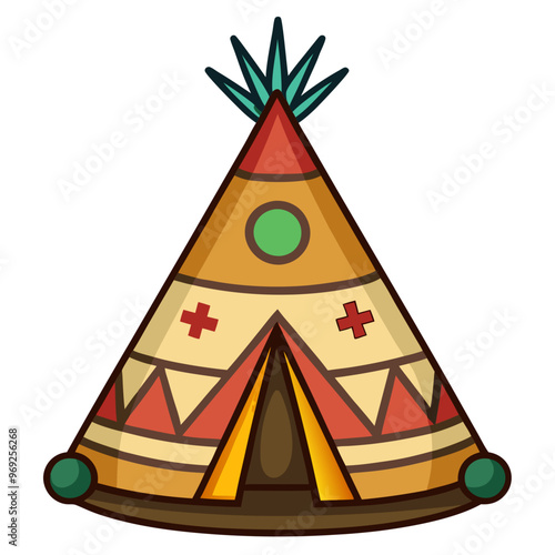 Colorful, cartoon-style teepee with a triangular shape, featuring decorative patterns and a small entrance at the front
