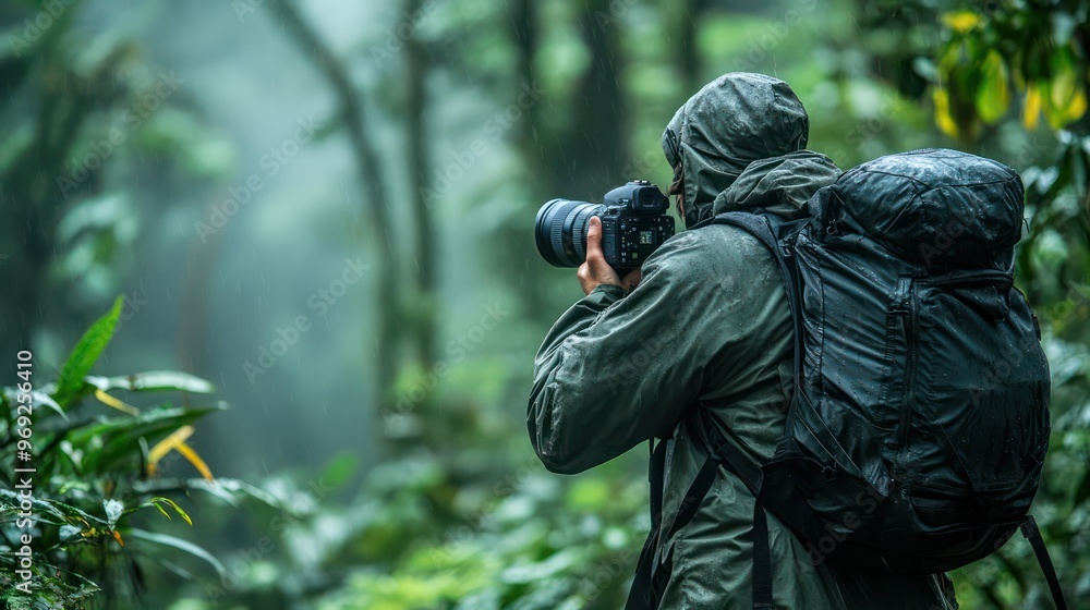 A man is taking a picture in the rain with a camera and a backpack A man is taking a picture in the rain with a camera and a backpack