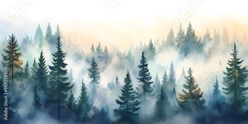 Watercolor illustration of pine tree forest with fog, abstract background