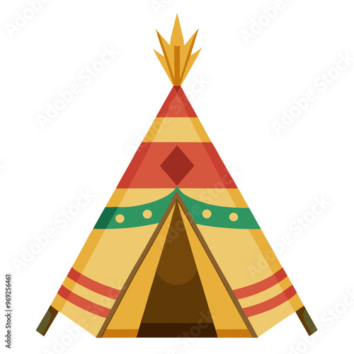 Colorful teepee tent with a pointed top, decorated with red, green, and yellow patterns, standing against a white background