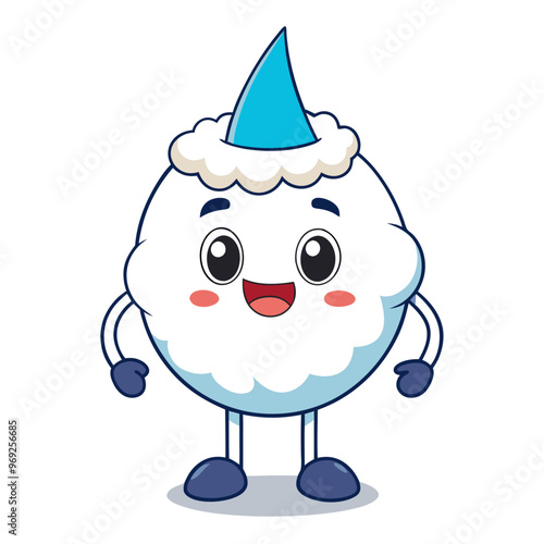 A cheerful, cartoonish snowball character with a blue party hat and a big smile, featuring round eyes and gloved hands