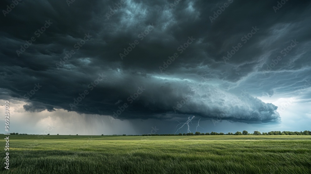 Dark storm clouds loom over a green field, with lightning illuminating the sky. Dark storm clouds loom over a green field, with lightning illuminating the sky.