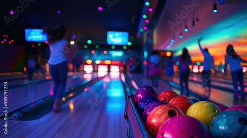 A vibrant bowling alley scene with colorful balls and people enjoying the game.